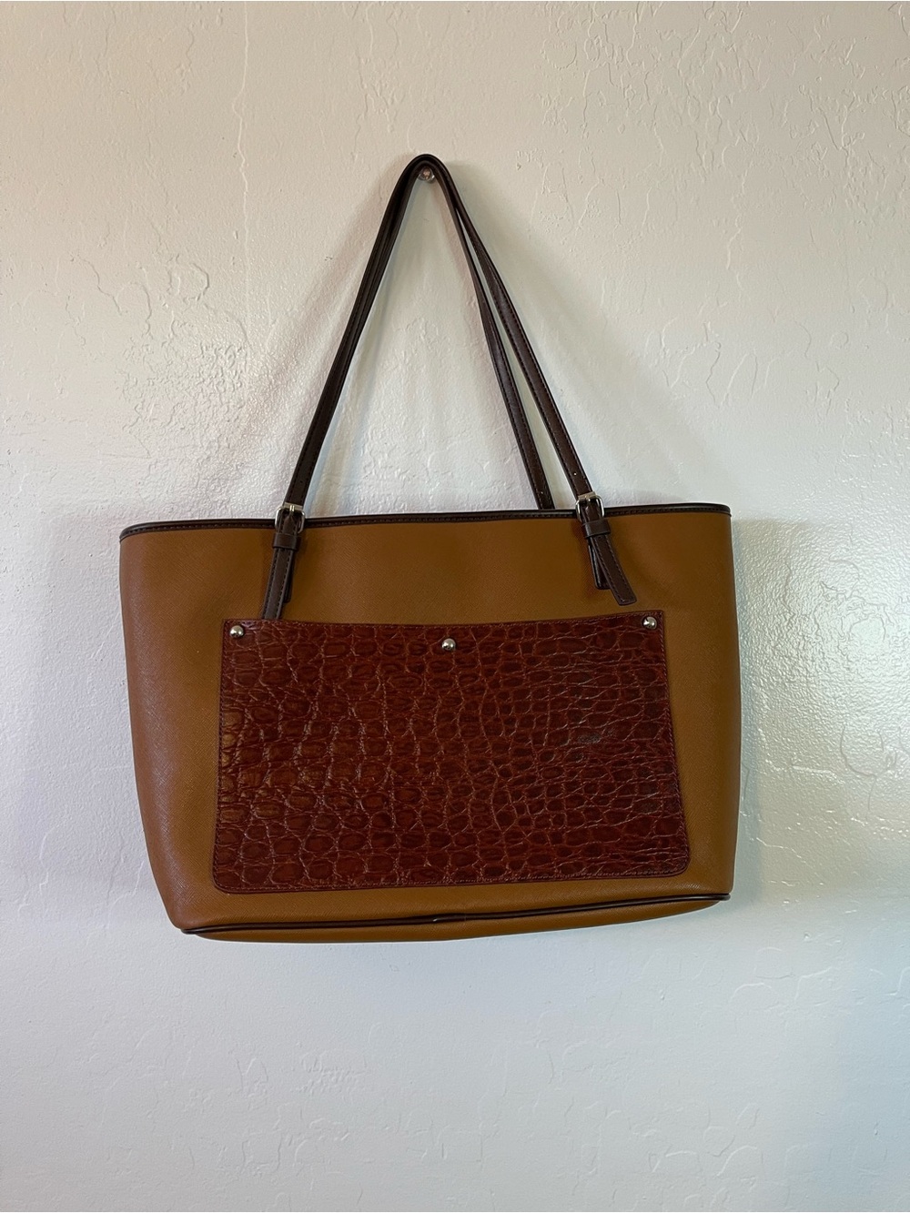 Leather Carryall Tote Bag in Brown with Croc Front Pocket